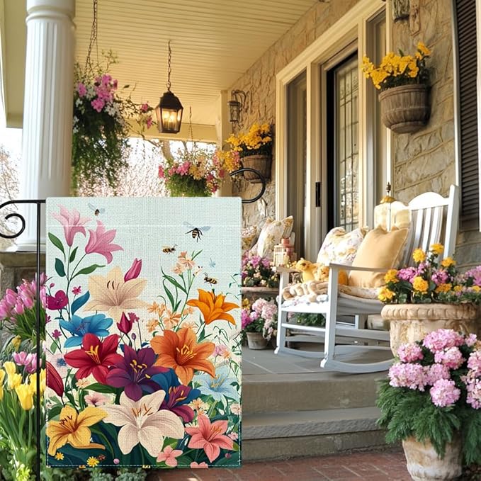 Spring Lily Colorful Floral Garden Flag 12x18 Inch Double Sided Welcome Summer Bee Flower Yard Outdoor Flag House Holiday Outside Decoration