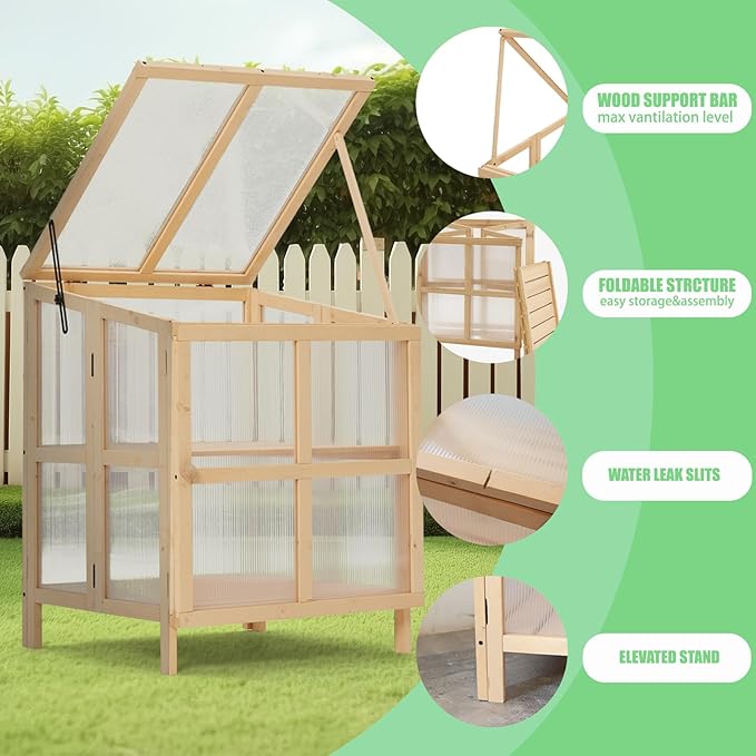 Echo Voyage 2 Tier Foldable Cold Frame Greenhouse, Portable Wooden Greenhouse Garden Cold Frame Raised Planter Box with Shelves (Natural Wood)