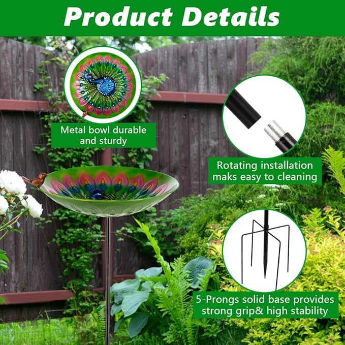 Metal Bird Bath for Outdoors, Peacock Birdbath with Stake, 43" H Bird Bath & Feeder with 13" Bowl for Outside Garden Patio Yard Decor