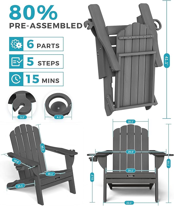 Adirondack Chairs Set of 4, Foldable Adirondack Chairs with 2 Cup Holder, Wood Texture HDPE Fire Pit Chairs, Outdoor Lawn Chair for Patio Garden, Dark Grey