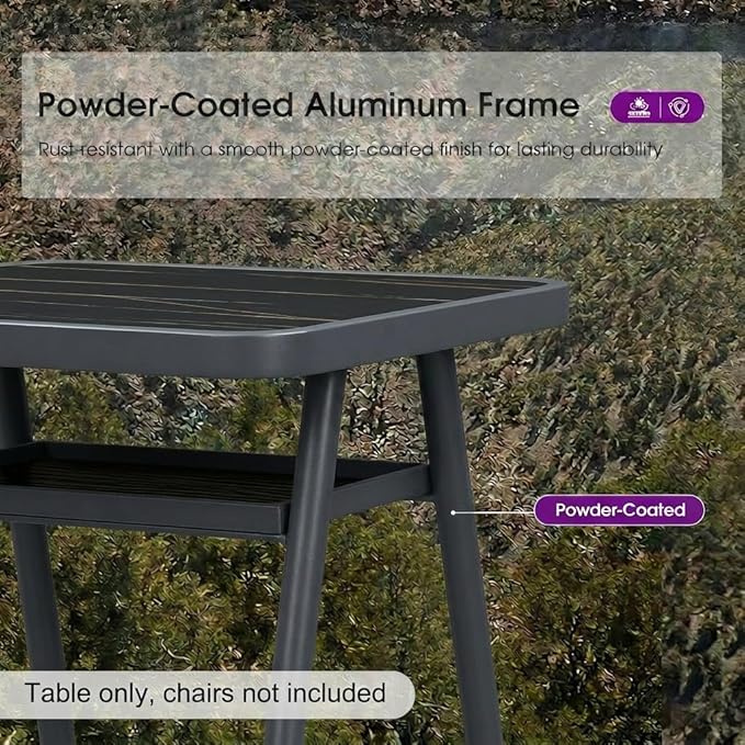 PURPLE LEAF Outdoor Patio Height Table with Shelve Counter Pub Dining Table for Balcony Patio Dark Grey