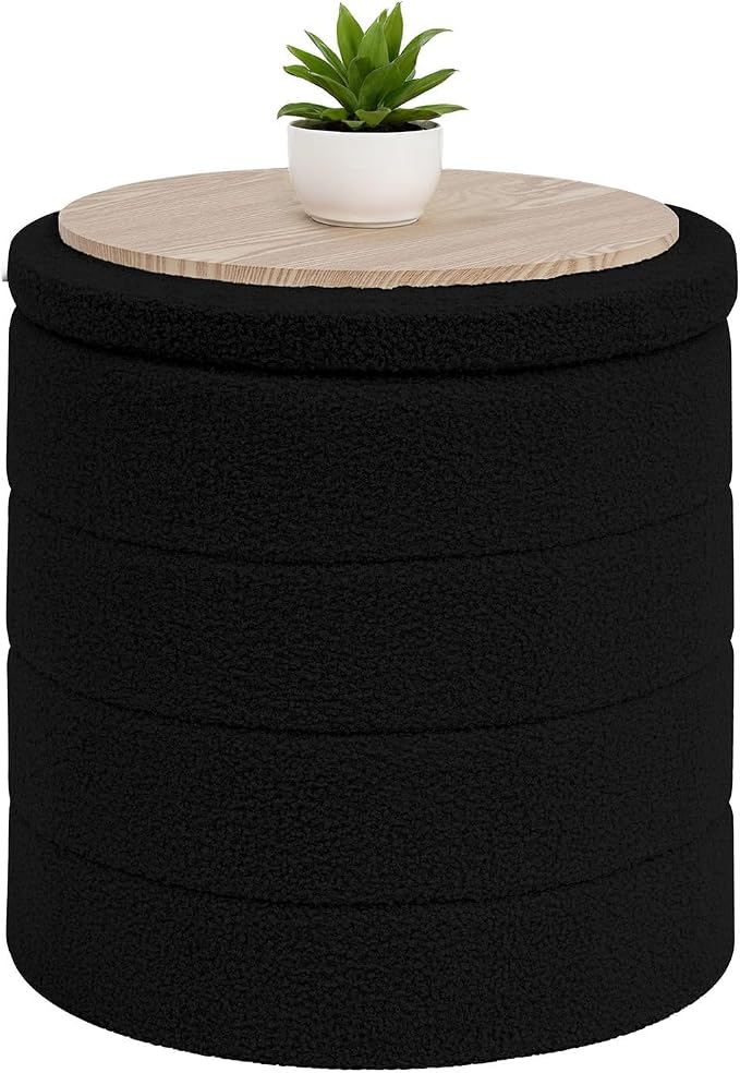 B FSOBEIIALEO Folding Storage Ottoman, Round Sherpa Ottomans, Black