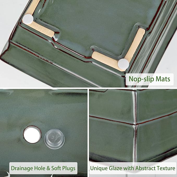 Ceramic Bonsai Pots with Drainage Tray Set of 2, 6 Inch Green Glazed Bonsai Planters for Indoor/Outdoor Use, Shallow Rectangular Bonzai Tree Pots for Succulent, Orchids, Cacti, Home, Patio, Garden
