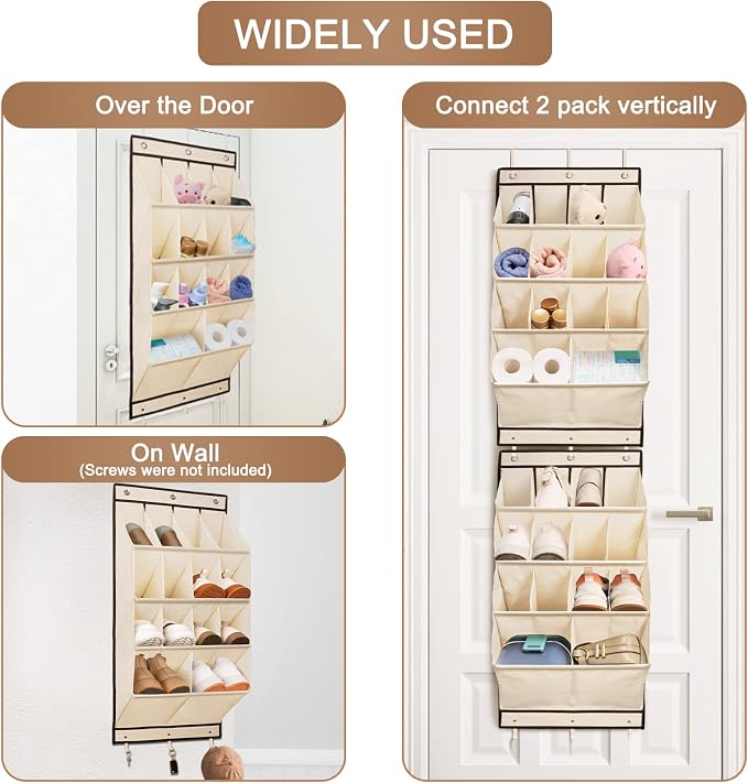 2 Pack Over the Door Shoe Organizers, Hanging Shoe Organizers Large Pockets | Shoe Storage for Closet, Shoe Holder for Boots, Sneakers, Heels, Hanging Shoe Organizer Shoe Rack for RV, Dorm, Home, Beige