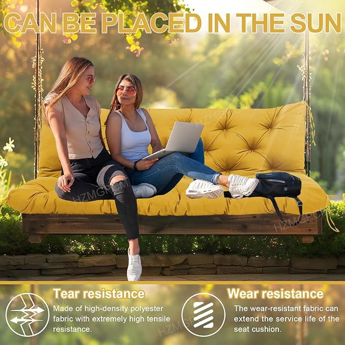 Premium 5" Thick Waterproof Outdoor Swing Cushions Sturdy Durable 2-3 Seat Replacement Porch Swing Cushions with Backrest&Ties Bench Cushion for Outdoor Furniture Backyard Patio (Yellow)