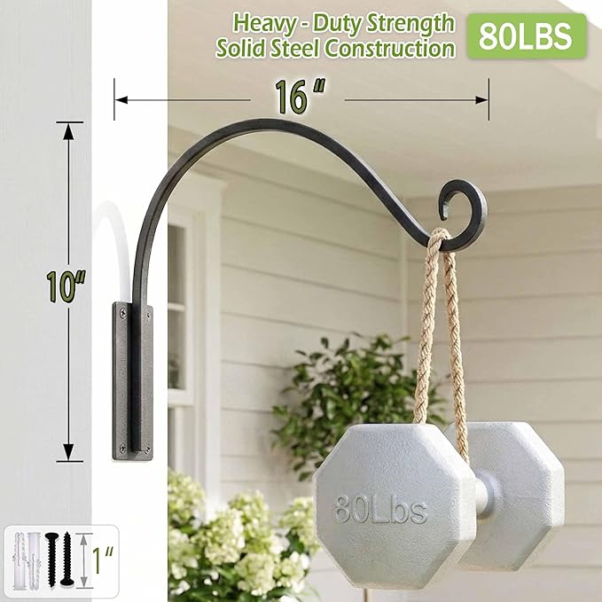 AJART Hanging Plant Hanger Outdoor: 2 Pieces Bird Feeder Wall Hooks - 16-Inch Heavy-Duty Plant Bracket Hook for Hanging Flower Baskets
