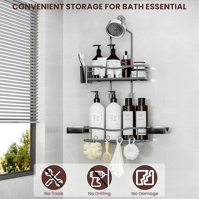 Rustproof Shower Caddy Hanging with Soap Holders for Bathroom, Grey