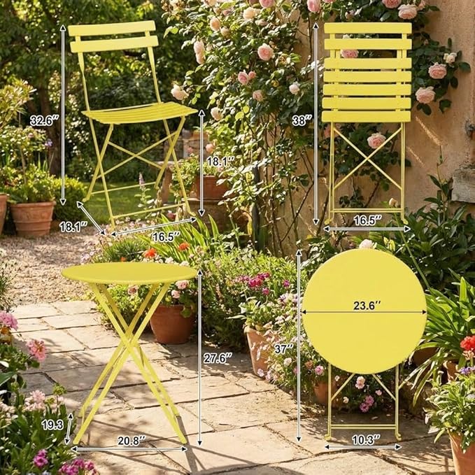 Garvee 3-Piece Folding Bistro Set Outdoor Patio Furniture, Space-Saving Foldable Chairs & Table with Heavy-Duty Powder-Coated Steel Frame, No Assembly Required, for Garden, Balcony, Backyard, Yellow
