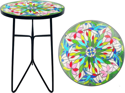Mosaic Bird Outdoor Side Tea Table, Glass Plant Tables Indoor Decorative Metal Patio Table, Valentine's Day Outdoor Tables Unique Furniture - Weather-Resistant Patio Valentine's Day Decor