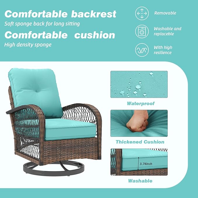 MELLCOM 3 Pieces Patio Furniture Set, Outdoor Swivel Rocker Patio Chairs, Wicker Patio Bistro Set with Rocking Chair, Thickened Cushions and Glass Coffee Table for Backyard, Garden, Blue