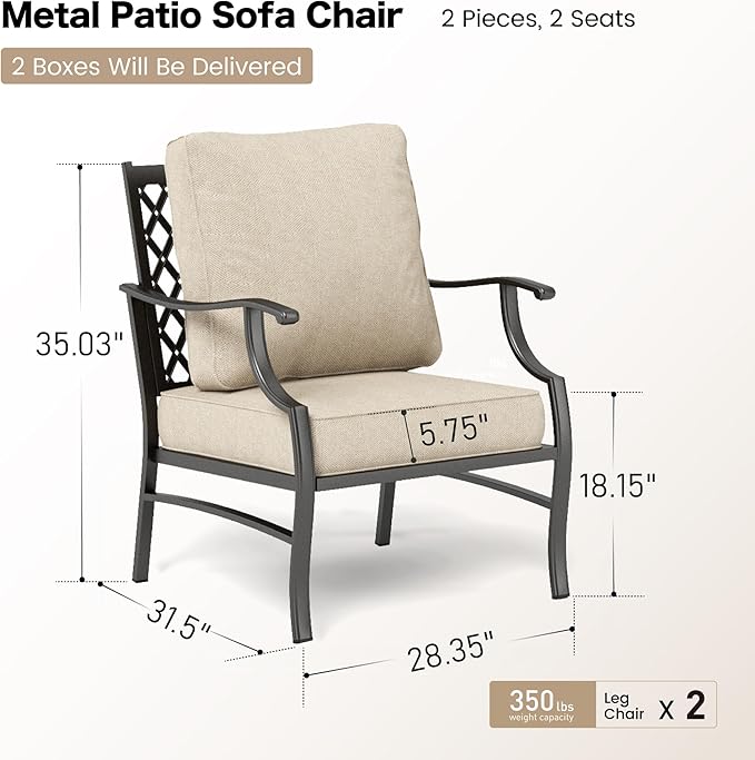 SUNSHINE VALLEY Metal Patio Chairs Set of 2 with 5.75" Extra Thick Cushion, 2 Pieces High Back Outdoor Patio Chairs All Weather Outdoor Furniture Seating for Deck Backyard Balcony Front Porch, Beige