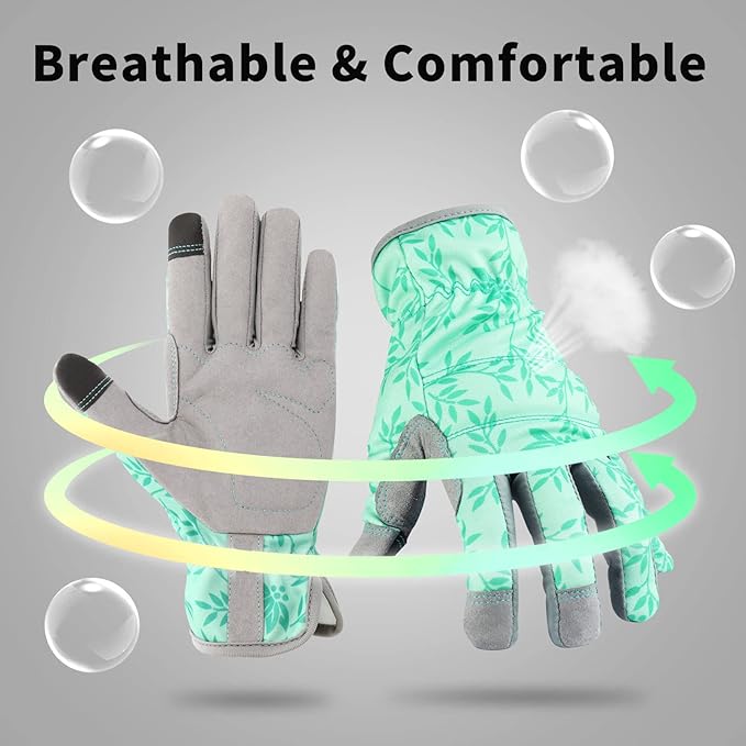 YRTSH Leather Gardening Gloves for Women, Flexible Breathable Garden Gloves, Thorn Proof Working Gloves for Weeding, Digging and Pruning, Green, X-Small Fit Small Hand