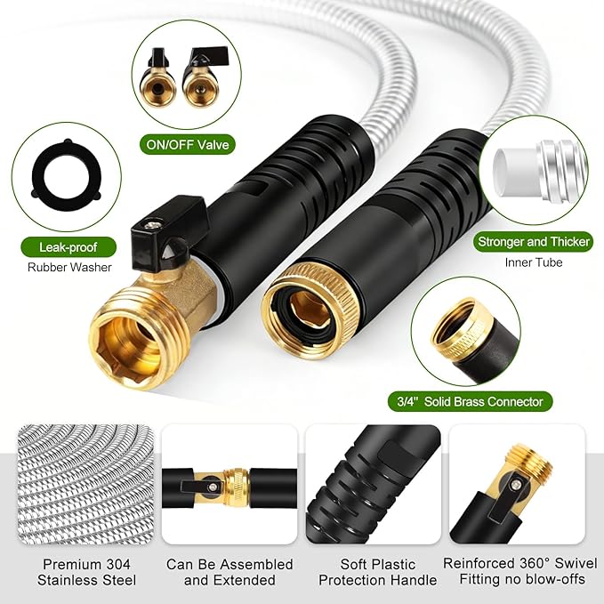 Metal Garden Hose 100 ft Stainless Steel Heavy Duty Water Hose with 10 Function Nozzles Flexible Lightweight Kink-Free Leakproof Sturdy Hoses Pipe 3/4" Brass Fitting for Outdoor Yard Lawn RV