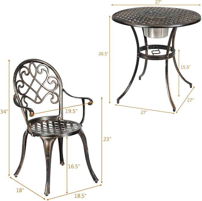 Giantex 3pcs Bistro Table Set Cast Aluminum Outdoor Patio Furniture Set Round Table W/Removable Ice Bucket, 2 Chairs Antique Garden Furniture Weather Resistant (Antique Bronze)