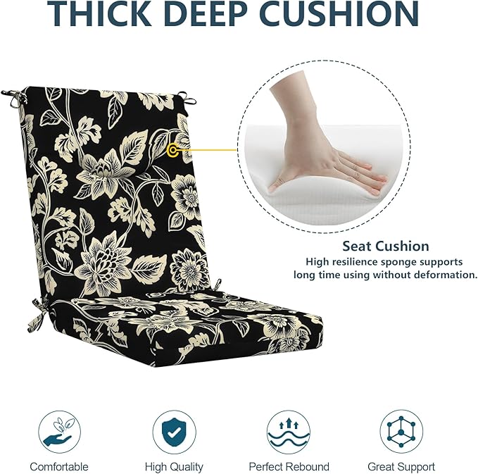 DYTXIII Outdoor High Back Chair Cushions Set of 2, 44x20 in Water Repellent Patio Seat Cushions with Elastic Sponge, All Weather Cushions for Rocking, Dining Chairs, Patio Furniture - Vines Black