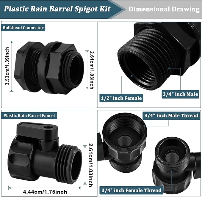Rain Barrel Spigot Kit 4 Kit Water hose Shut-Off Ball Valve Plastic Garden Hose Shut Off Valve+3/4 GHT Rain Barrel Bulkhead Fitting for Rain Barrels Water Tank Pond Aquarium Tubs Pools Spigot