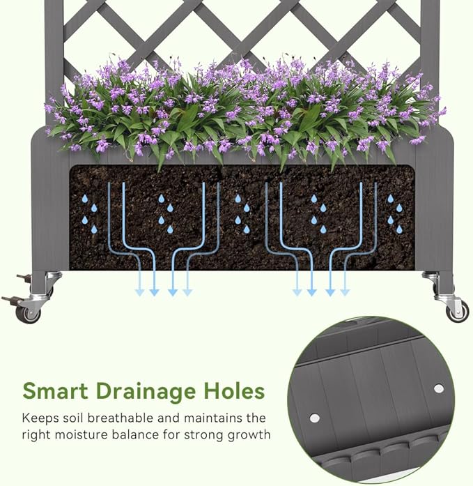 COMHOMA 2 Pack Raised Garden Bed with Trellis and Wheels,48Inch Elevated Planter Box with Drainage Holes,Lattice Privacy Screen for Climbing Plants Vegetables,Outdoor for Patio Balcony Yard,Gray