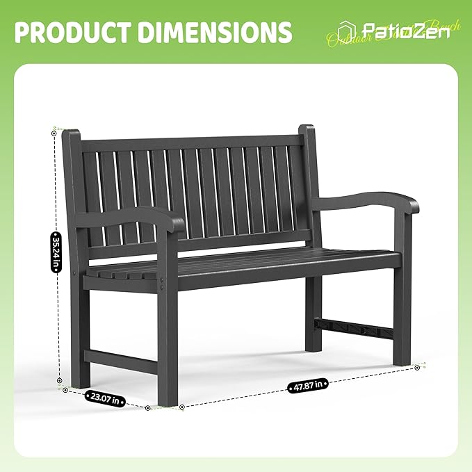 PatioZen Outdoor Bench, Waterproof & Weatherproof Garden Bench with Ergonomic Design, 2-Person Resin Bench for Porch, Deck, Patio, Outdoor, Garden & Park(Black)