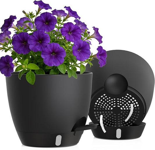 Self Watering Pots with Drainage Holes, 2 Pack 10 Inch Plant Pots with Water Level Indicator Deep Reservoir, Large Plastic Planter for Indoor Outdoor Plants - Black