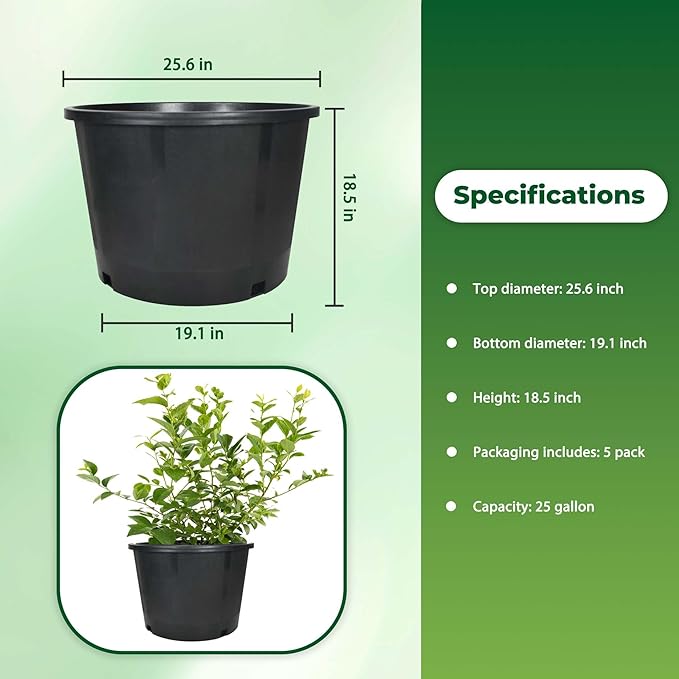5 Pack 25 Gallon Large Plant Pot Black Grower Nursery Pot Flower Pots Outdoor Garden Seedling Planters Containers, Plastic Injection Molded Pots with Drainage Holes