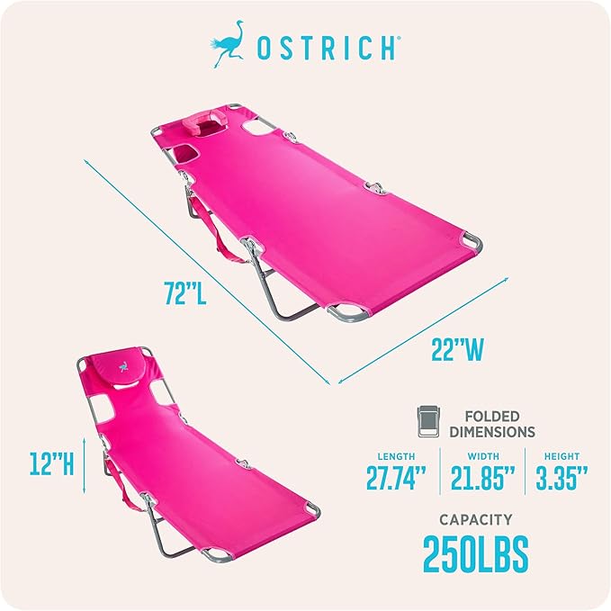 Ostrich the Original Chaise 72 x 22 Inch Lounge Portable Reclining Lounger, Outdoor Patio, Beach, Lawn, Camping, or Pool Tanning Chair, Pink