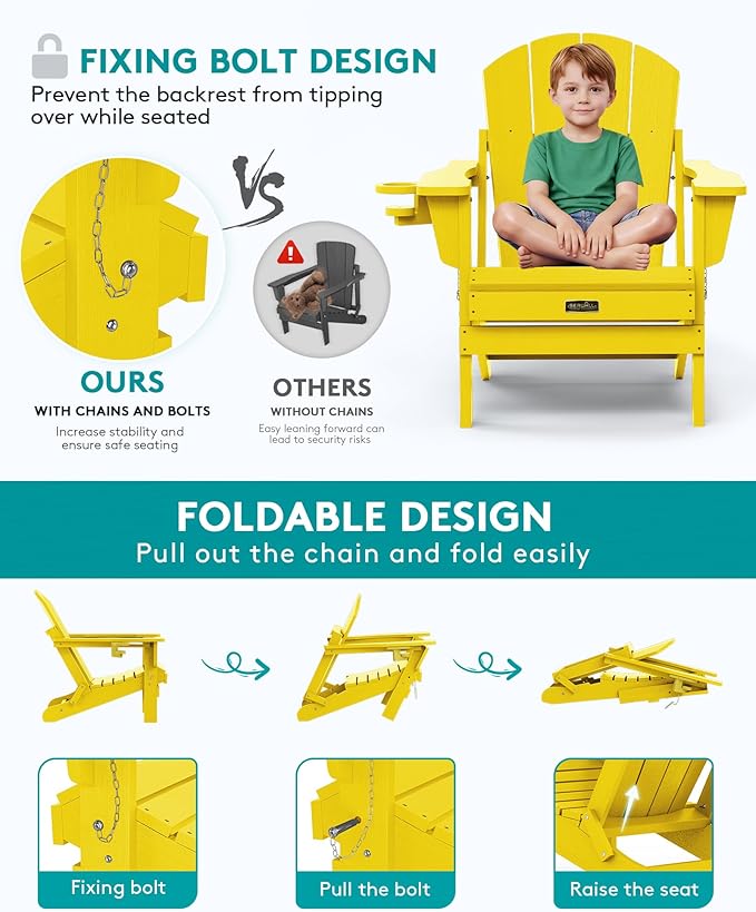 SERWALL Foldable Adirondack Chair Set of 2, Weather Resistant Patio Chair with Cup Holder for Garden Outdoors Fire Pit-Lemon