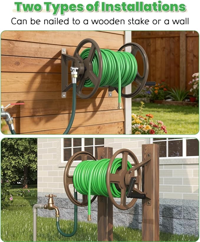 Garden Hose Reel Wall Mounted, Heavy-Duty Water Hose Holder Winder with 3.9 ft Leader Hose & Brass Fitting, Hose Hanger Storage Rack Holds 125-Feet of, 5/8-Inch, for Yard Lawn Farm, Brown
