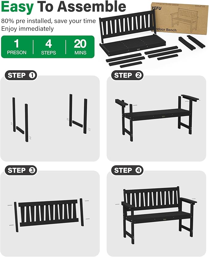 YEFU Outdoor Bench 2-Person Seat: HIPS Outdoor Benches Weatherproof - Comfortable & Heavy Duty Garden Bench for Indoor Outside Patio Front Porch Backyard Park, Black