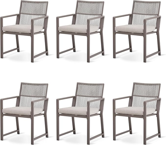 Outdoor Patio Wicker Rattan Dining Chairs, Heavy-Duty Wrought Iron Frame Supports 300lbs, Ergonomic Backrest, Detachable Breathable Cushion, for Garden & Porch, Light Brown, Set of 6