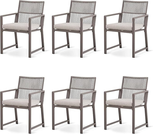 Outdoor Patio Wicker Rattan Dining Chairs, Heavy-Duty Wrought Iron Frame Supports 300lbs, Ergonomic Backrest, Detachable Breathable Cushion, for Garden & Porch, Light Brown, Set of 6