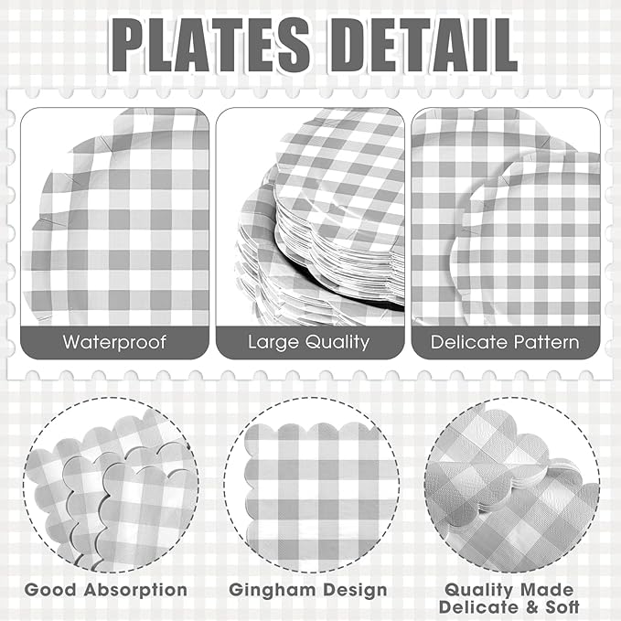 Funnymoom 400 Pcs Gingham Party Supplies for 50 Guests Gray and White Paper Plates and Napkins Knives Spoons Forks Cups Disposable Checkered Dinner Party Set Cutlery for Baby Shower Wedding Favor