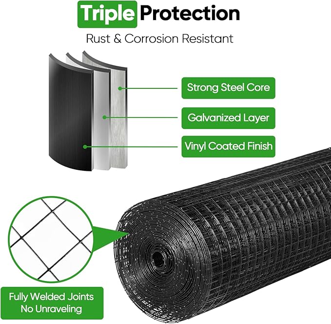 Black Hardware Cloth 24in x 50ft – 19 Gauge Vinyl Coated Steel Wire Mesh Roll, 1" Square Welded Fence for Chicken Coop, Garden Barrier, Animal Control, Outdoor Pet Enclosure, Rodent Proofing