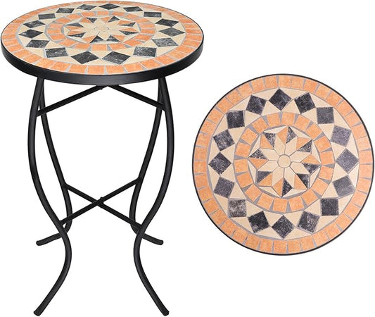 VCUTEKA Mosaic Outdoor Side Table - Small Patio Table Coffee Outside Accent Tables Round End Plant Tables for Bistro Balcony Porch Outdoor Benches 14'' Brown