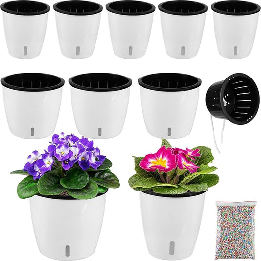 Planterhoma 5/6.7 Inch Self Watering Pots for Indoor Plants, 8 Packs African Violet Pots with Indicator, Black Wick Pot with Drainage Holes, Self Watering Planters for Orchid, Devil's Ivy, White