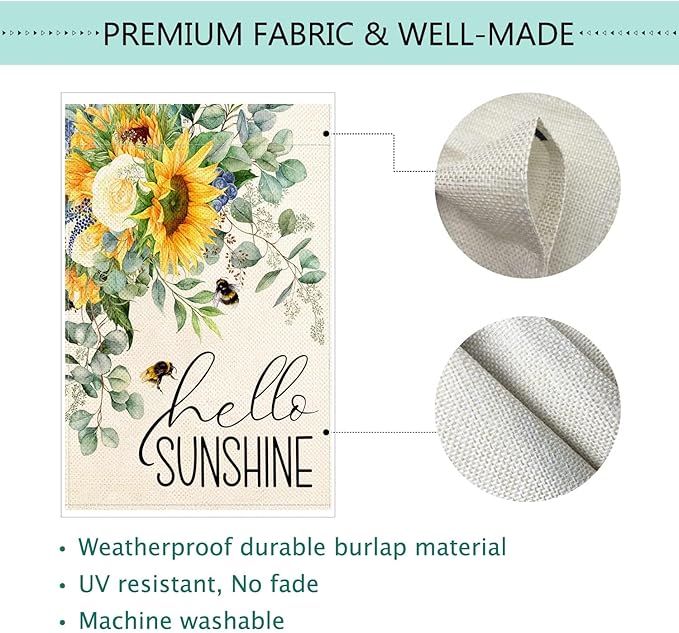 Baccessor Hello Sunshine Spring Garden Flag Sunflower Bee Eucalyptus Leaves Yard Flag 12.5 X 18 Inch Double Sided Burlap Small Spring Summer Flag for Outside Decor