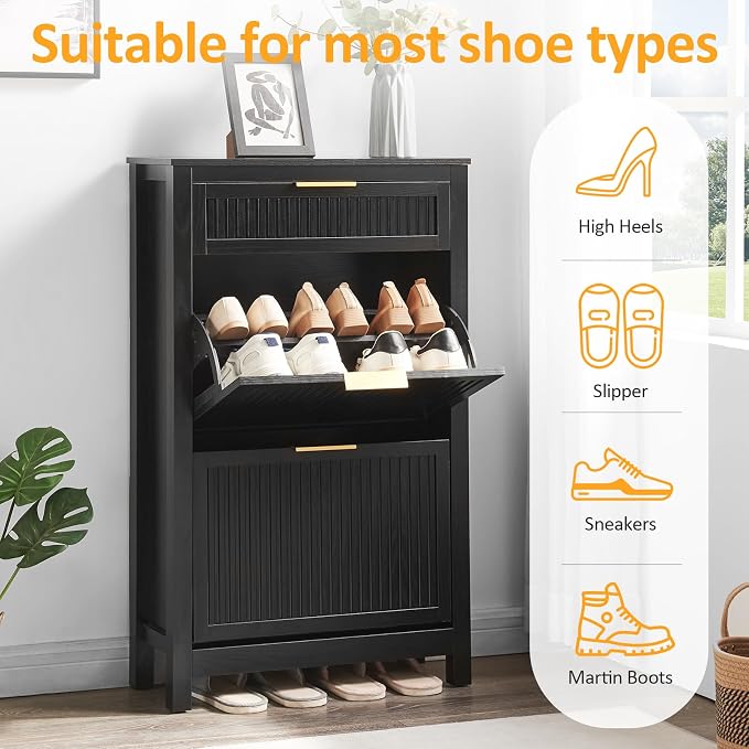 2-Flip Drawer Shoe Cabinet Narrow Entryway Rack, Black