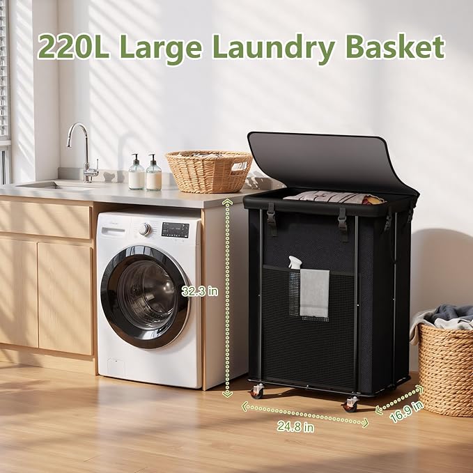 Laundry Hamper with Wheels and Lid, 200L Large Rolling Laundry Basket Black | Heavy Duty Clothes Organizer, Sturdy Metal Frame, Lockable Swivel Casters, Removable Bag, For Bedroom, Bathroom, Laundry Room