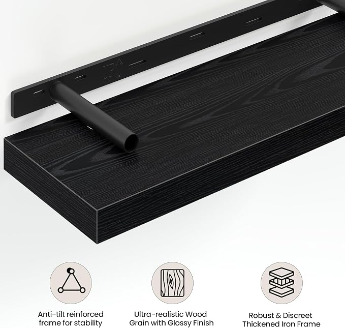 Vivelove 16 Inch Floating Shelves Wall Mounted for Display, 6.5 Deep Duty Shelves with Invisible Brackets for Living Room,Bedroom,Kitchen, Bathroom Storage & Decor,16" Wx6.5 Dx1.4 H - Black