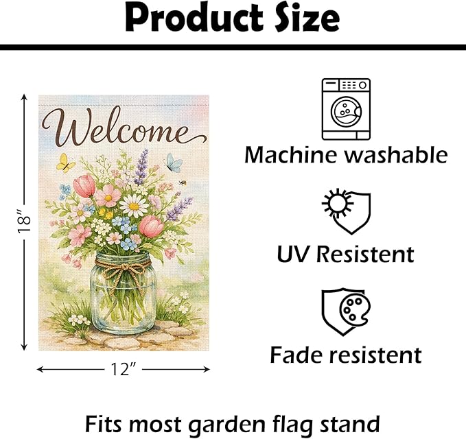 Heyfibro Welcome Spring Garden Flag 12x18 Inch Double Sided Butterfly Floral Garden Flag Small Farmhouse Flags for Outside House Yard Seasonal Spring Outdoor Decorations