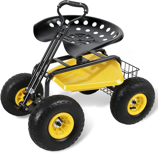 Sekey Garden Cart Rolling Workseat, Heavy Duty Garden Scooter with 360° Swivel Seat & Adjustable Height, Tool Tray & Storage Basket, 440 lbs Capacity, All-Terrain Wheels, for Seniors & Gardeners