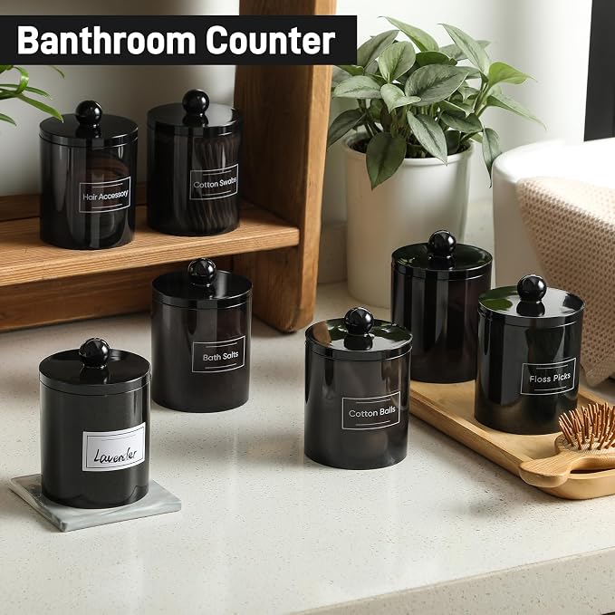2 Pack Acrylic Qtip Holder Dispenser for Cotton Swabs, Balls, Floss Picks | Thick, Clear Black, w/ Labels - Small Canister Apothecary Jar Set, Bathroom Decor Essentials, Shelf Vanity Storage Organizer