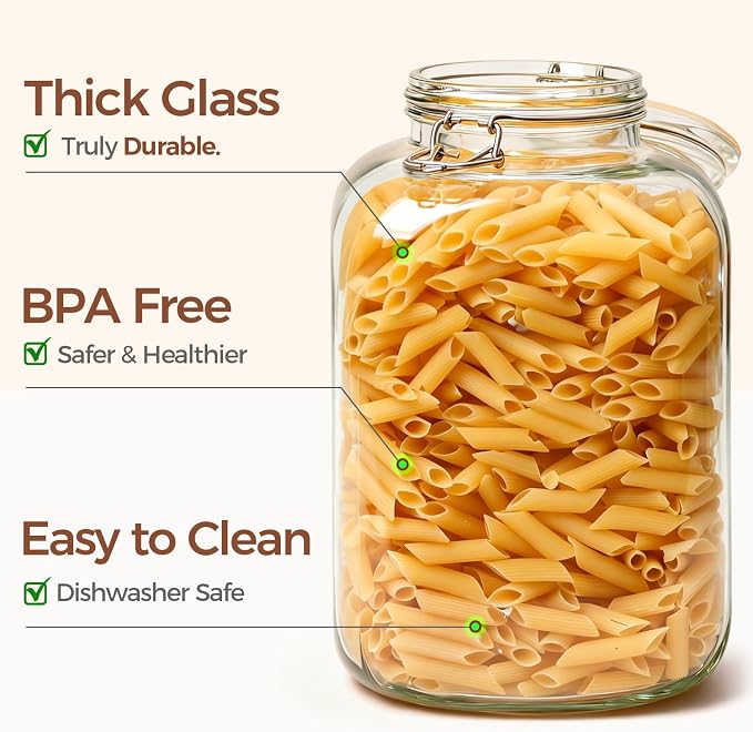 ComSaf Square Glass Pantry Jars with Airtight Lids 1.1 Gallon 2 Pack Large