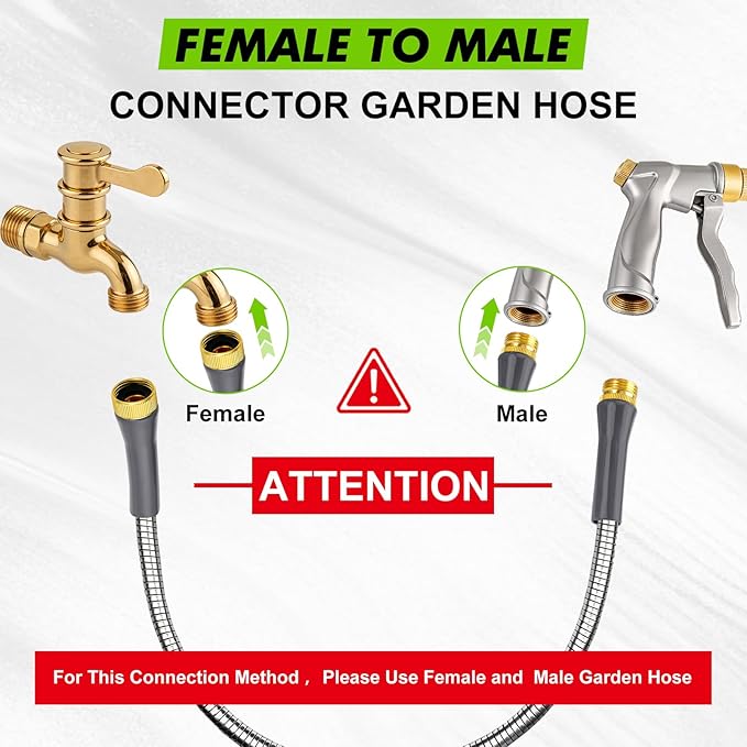 Metal Garden Hose 10 Ft Stainless Steel Short Water Hose with Metal Connector Flexible Leakproof Garden Hoses, Lightweight, Rust Proof, Puncture Proof Water Pipe for Hose Reel Yard Lawn Outdoor RV