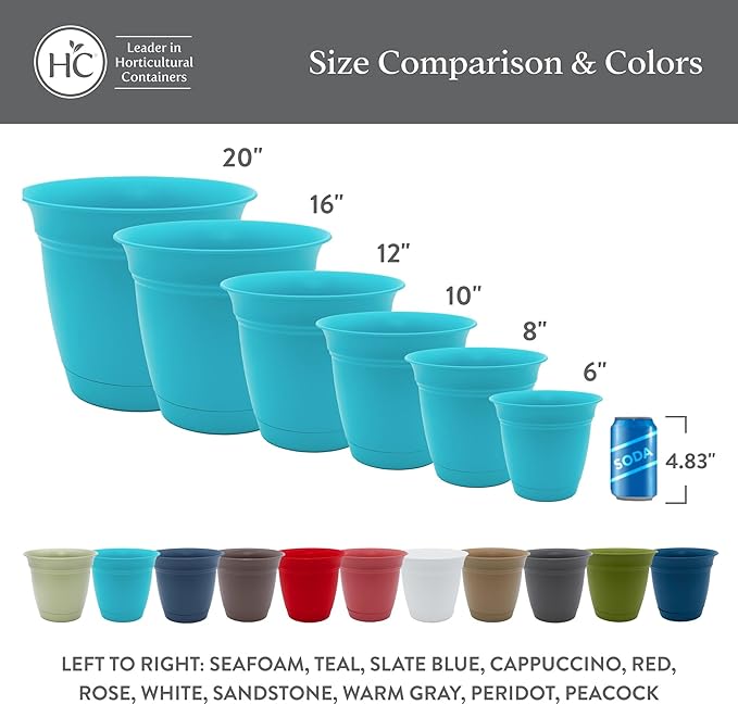 The HC Companies 8 Inch Eclipse Round Planter Pots with Drainage Holes & Attached Saucer, Lightweight UV-Resistant Plastic Indoor Outdoor Planters, 4-Pack Flower Pots for Garden Home Decor, Warm Gray