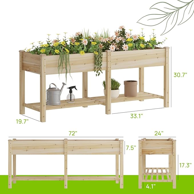 Raised Garden Bed with Legs, Wooden Planter Box with Storage Shelf, Elevated Wood Planter Box for Vegetables Flowers Herbs, Garden Planter for Backyard, Patio, Balcony, 72x24x30.7inch (Natural, L)