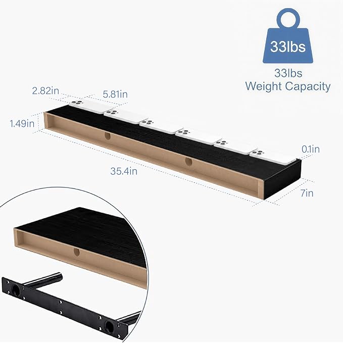 Black Modern Floating Wall Shelves, 36 Inch Bathroom Shelf Set of 2 | Long Shelf for Books, Wood Grain Finish, 33lbs Max Load, Hidden Brackets, Easy Install, Bedroom Living Room Decor Display