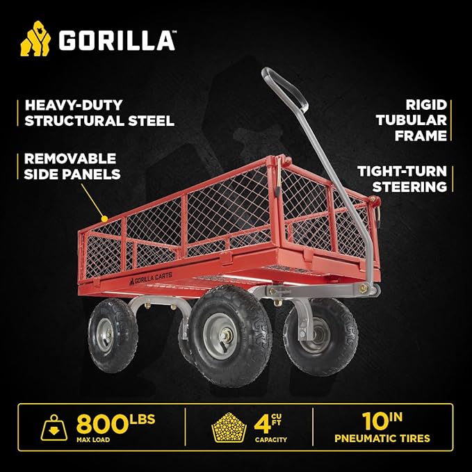 Gorilla Carts Steel Utility Cart, 4 Cu Ft Bed, 800 lb Load Capacity, Black – Heavy-Duty Outdoor Hauling Wagon with Removable Side Panels for Yard, Lawn, Garden or Landscaping
