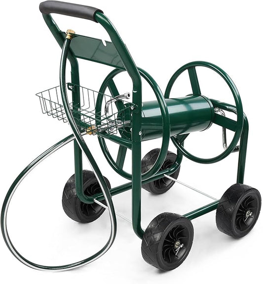 VINGLI 4-Wheel Garden Hose Reel Cart with Storage Basket, Portable Residential Hose Reel Cart, Lawn Watering, for Garden Backyard and Farm (Green)