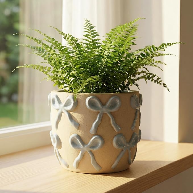 Ceramic Flower Pots for Indoor and Outdoor Plants, Succulent Orchid Round Clay and Terracotta Planter for Garden Home Modern Decoration 5.3 Inch (Blue Bow, Without Saucers)