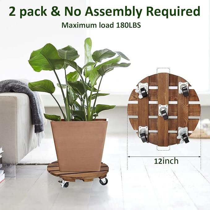 2pack Plant Caddy 12’’Wood Duty Rolling Plant Stand with 2 360° Lockable Caster Wheels,Indoor Outdoor on Roller Patio/Flower Pot/Succulent Pots | Wood Heavy Duty 360° Rotated Plant Stand - Indoor Outdoor on Roller Patio/Flower Pot/Succulent Pots